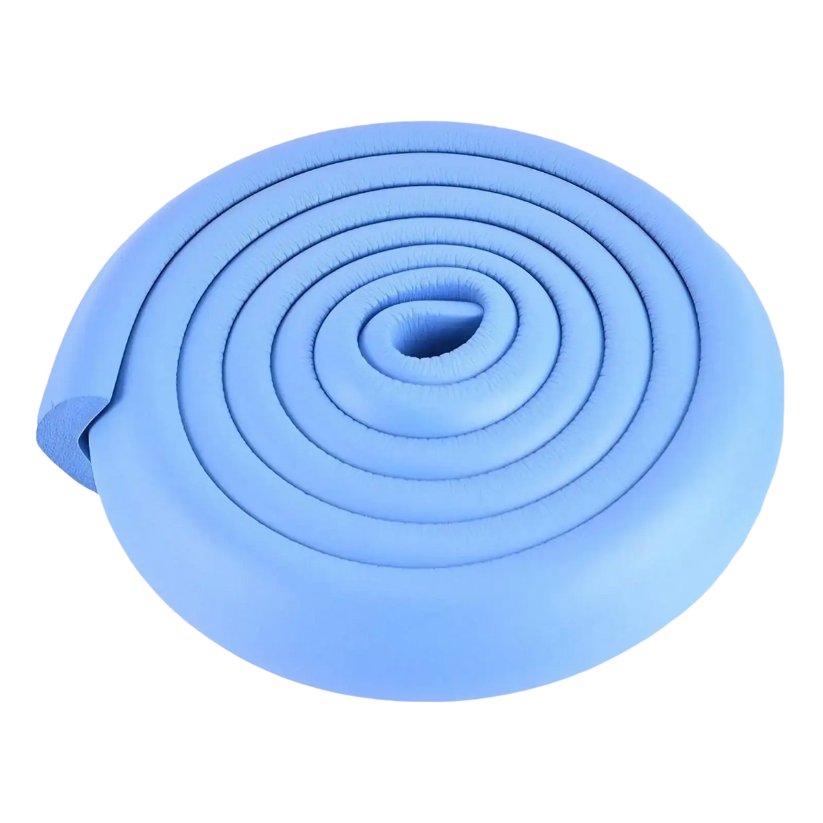 Blue foam safety corner protector coiled in a spiral with soft rounded edges for child safety bumper strip thick l shape guard