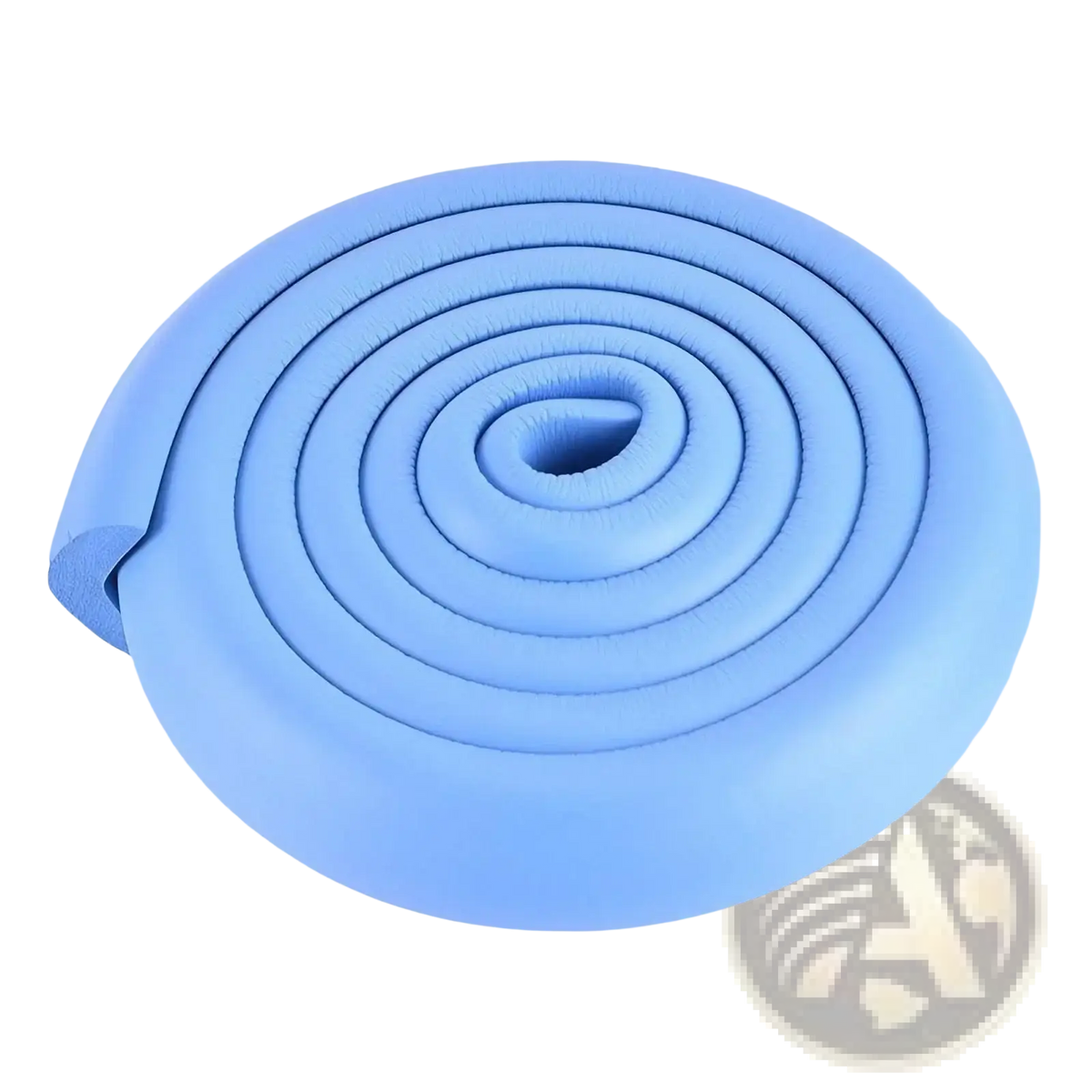 Blue foam safety corner protector coiled in a spiral with soft rounded edges for child safety bumper strip thick l shape guard