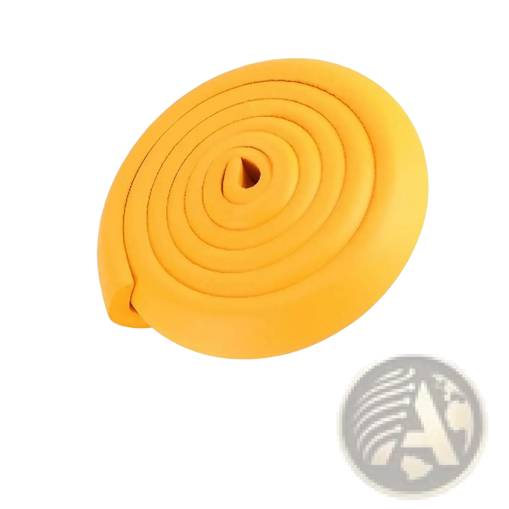 A coiled bright yellow foam child safety bumper strip with thick l shape guard and soft flexible texture