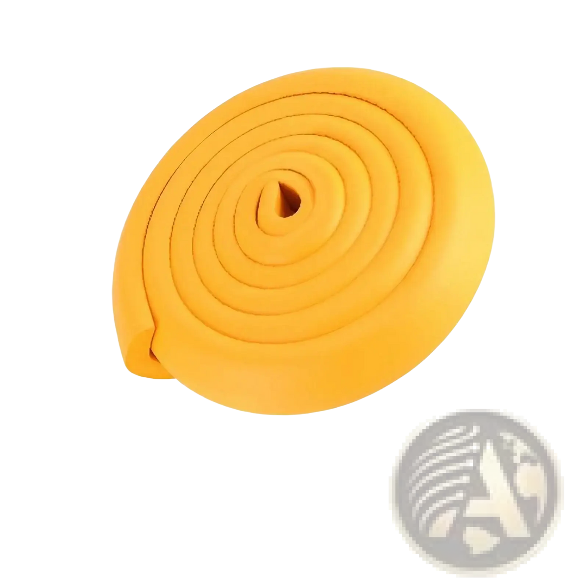 A coiled bright yellow foam child safety bumper strip with thick l shape guard and soft flexible texture