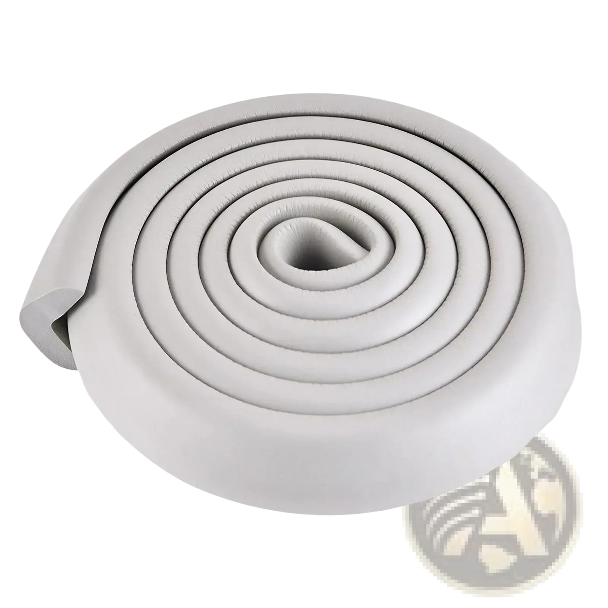 Grey foam child safety bumper strip thick l shape guard coiled with soft rounded edges and plush texture