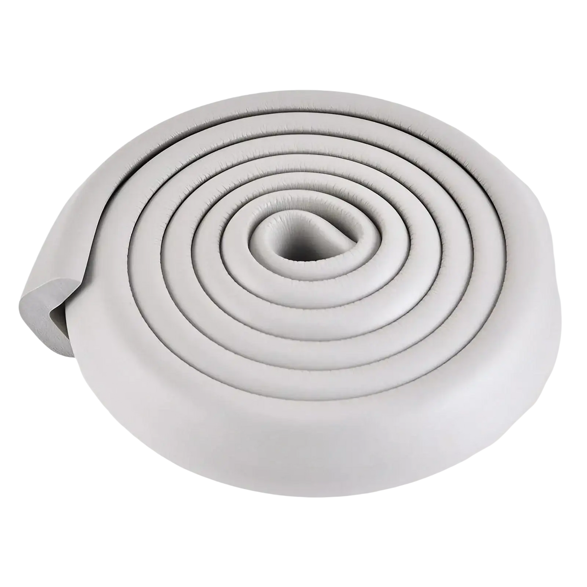 Grey foam child safety bumper strip thick l shape guard coiled with soft rounded edges and plush texture