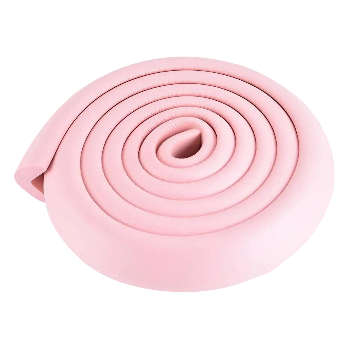 Pink foam child safety bumper strip coiled into a spiral with thick l shape guard and smooth rounded edges