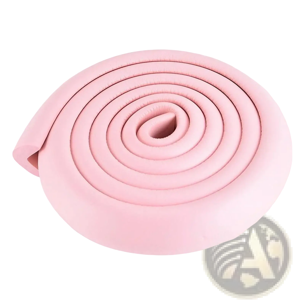 Pink foam child safety bumper strip coiled into a spiral with thick l shape guard and smooth rounded edges