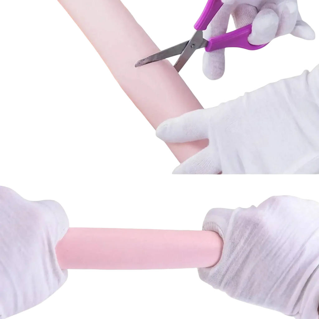 Pink silicone child safety bumper strip thick l shape guard being cut with scissors for home protection