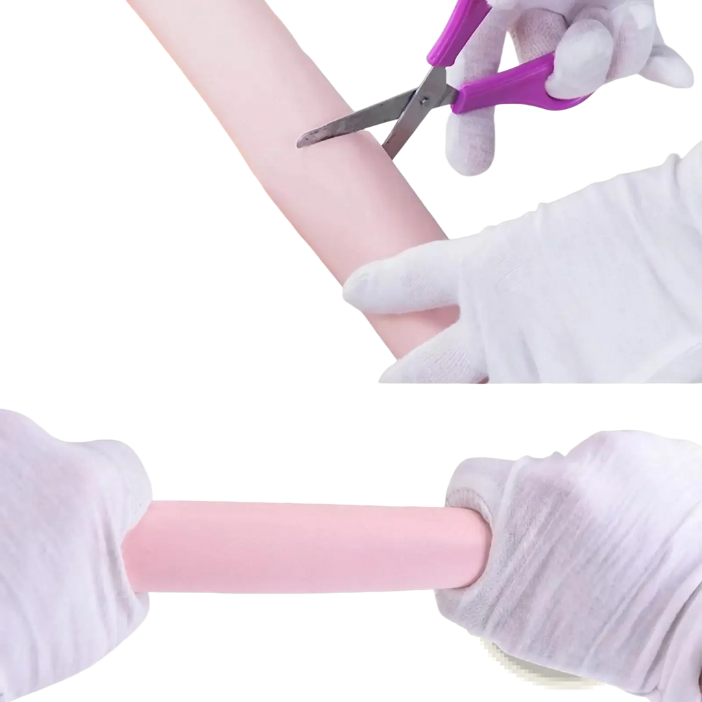 Pink silicone child safety bumper strip thick l shape guard being cut with scissors for home protection