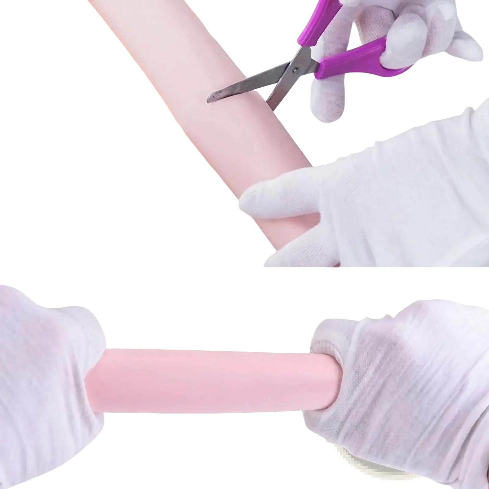 Pink silicone child safety bumper strip thick l shape guard being cut with scissors for home protection