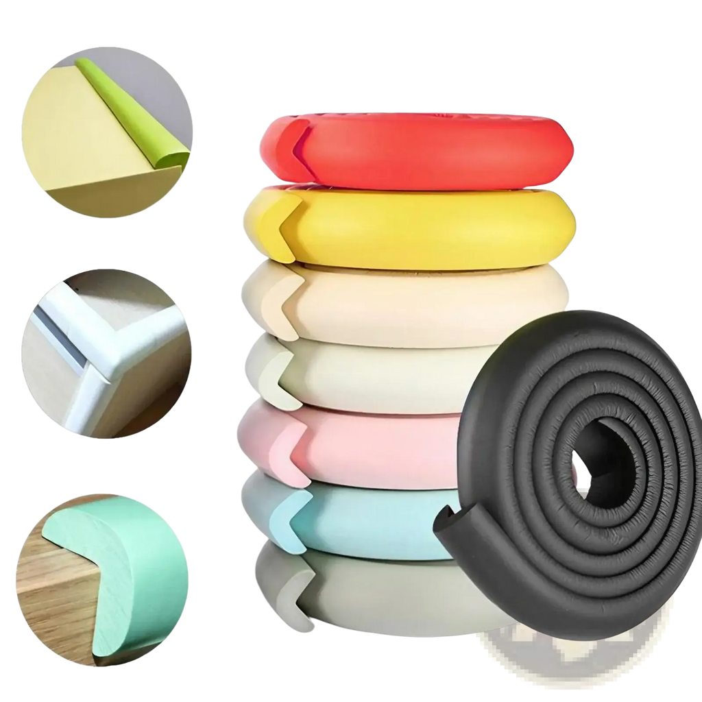 Stack of colorful foam child safety bumper strip thick l shape guards in red yellow beige pink light blue and black