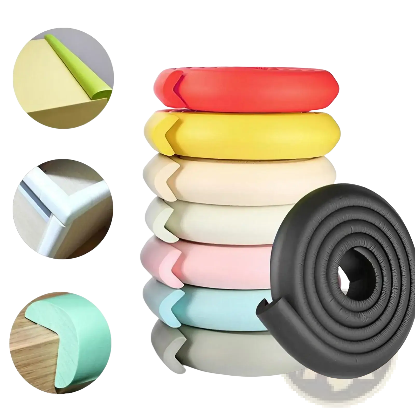 Stack of colorful foam child safety bumper strip thick l shape guards in red yellow beige pink light blue and black