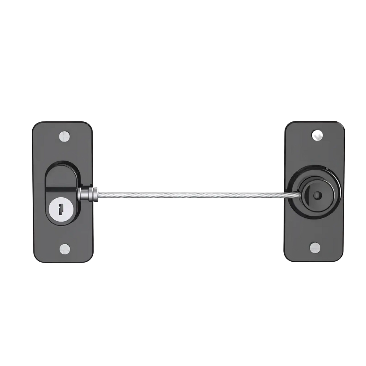 Black metal child safety refrigerator and cabinet lock strap with keyhole lock and circular latch on sturdy steel wire