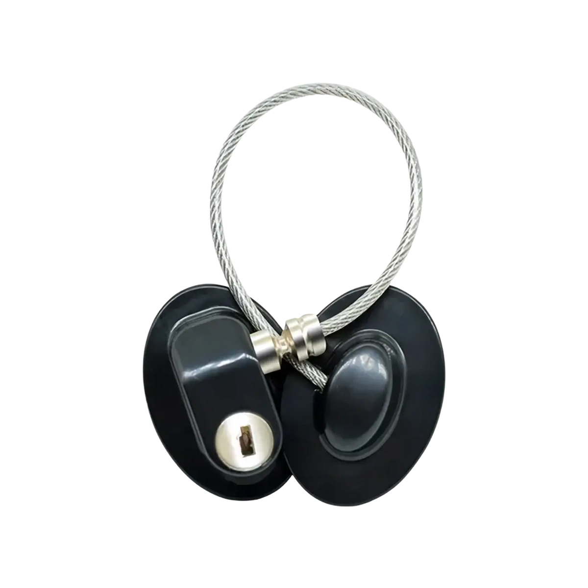 Black oval-shaped child safety refrigerator and cabinet lock strap with silver steel wire and secure keyhole mechanism
