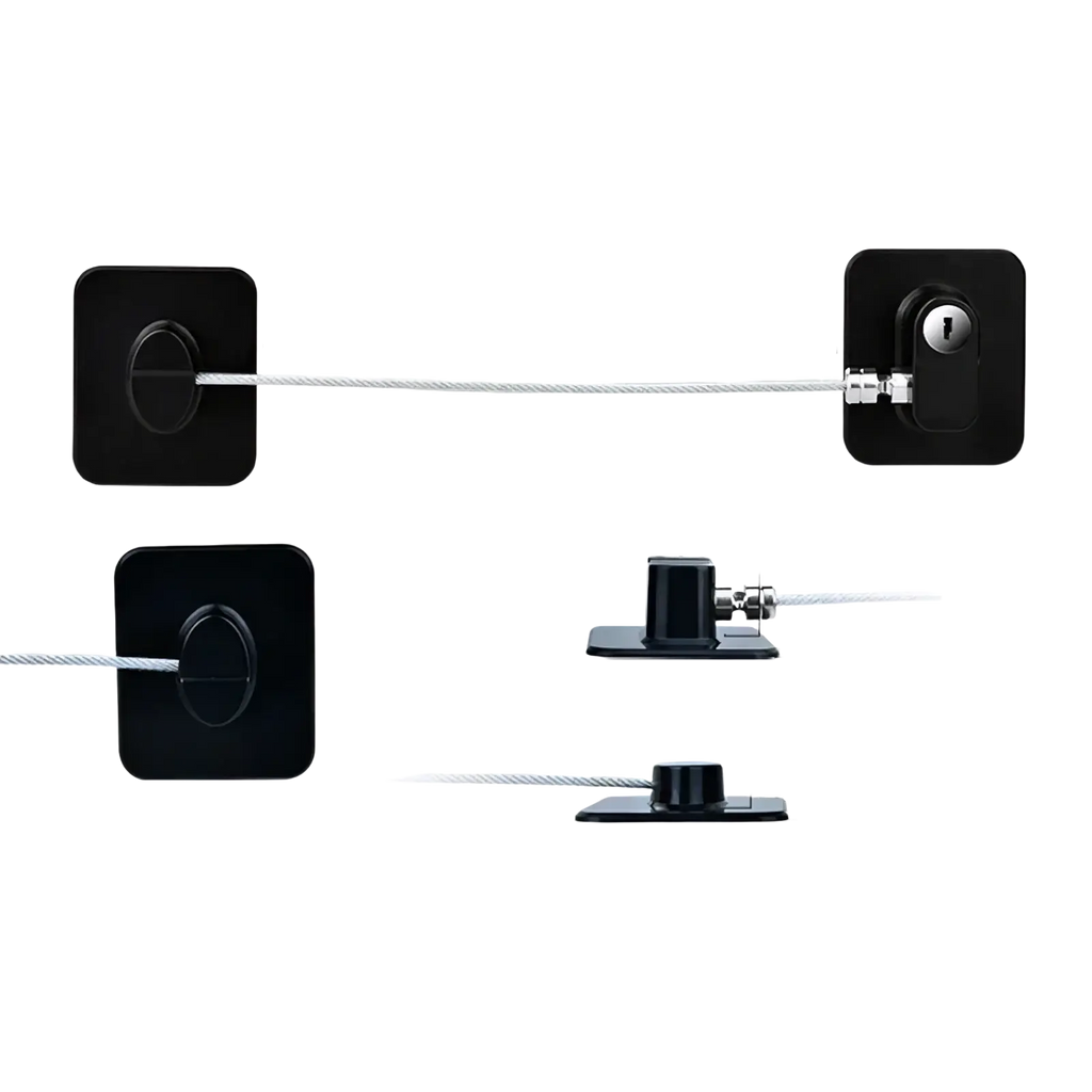Black square wall-mounted child safety refrigerator and cabinet lock strap with steel wire and keyed locking mechanism