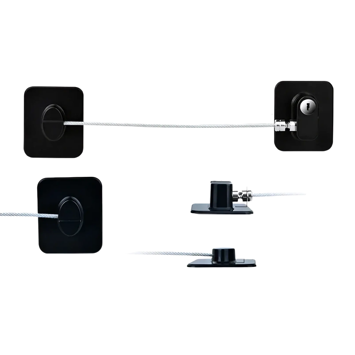 Black square wall-mounted child safety refrigerator and cabinet lock strap with steel wire and keyed locking mechanism