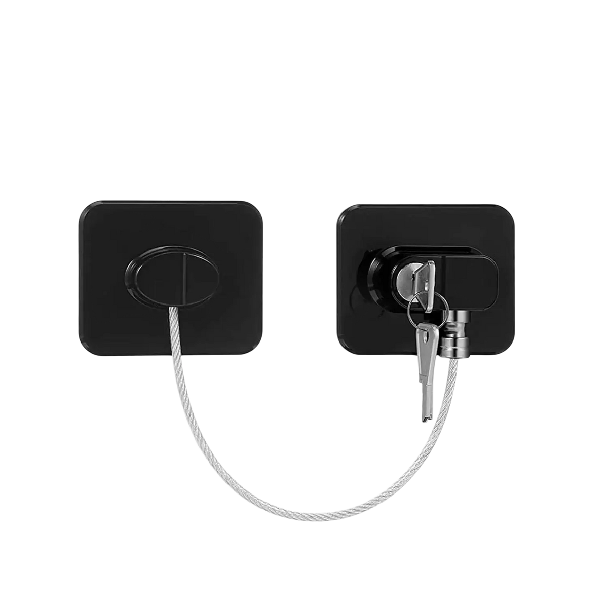 Child safety refrigerator and cabinet lock strap with black wall-mounted security cable steel wire and key-operated lock mechanism