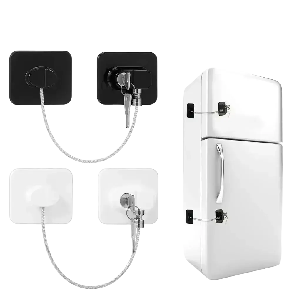 Black and white child safety refrigerator and cabinet lock strap with key operated steel cable for secure locking