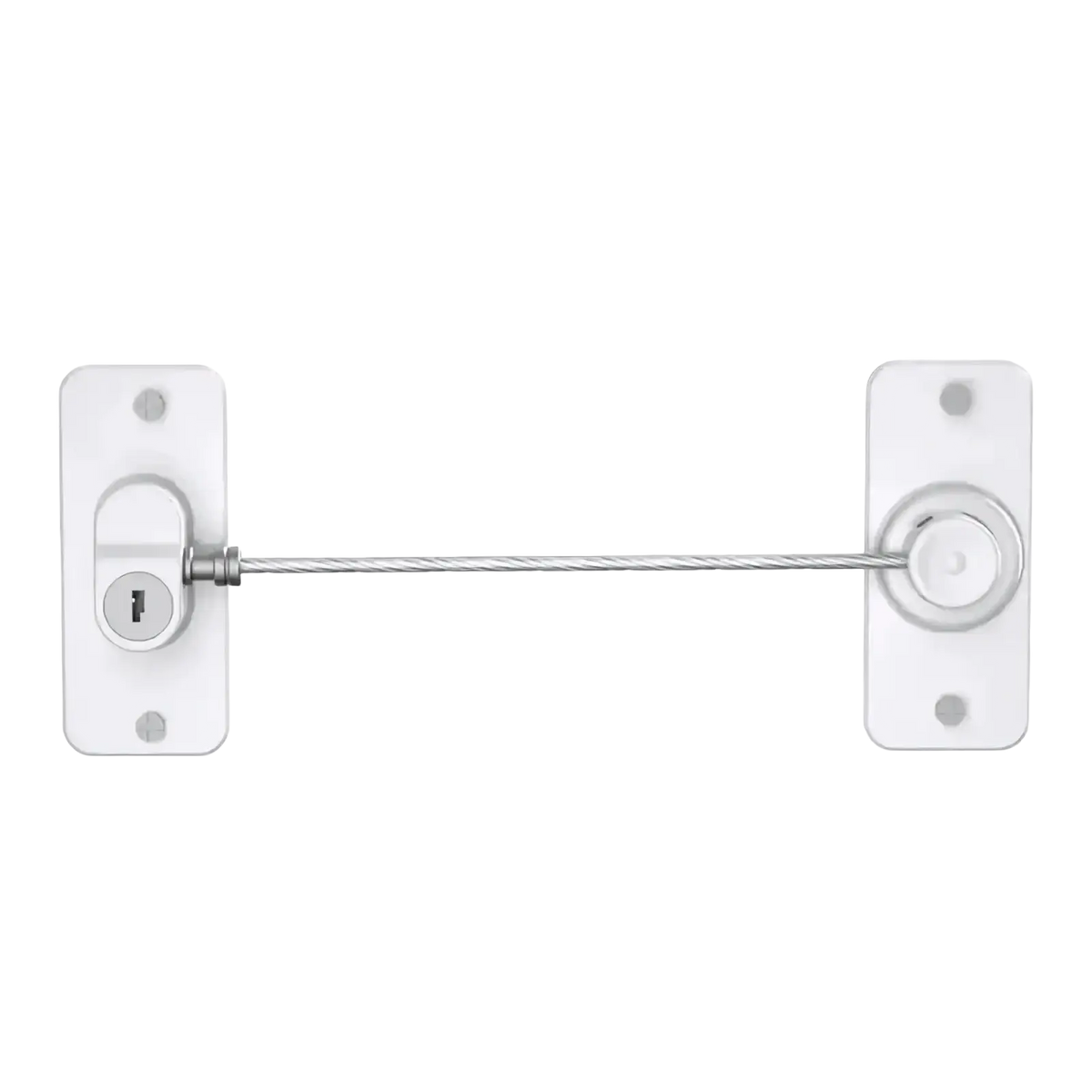 Silver steel cable security strap with white plastic mounting plates and keyhole lock for child safety refrigerator lock