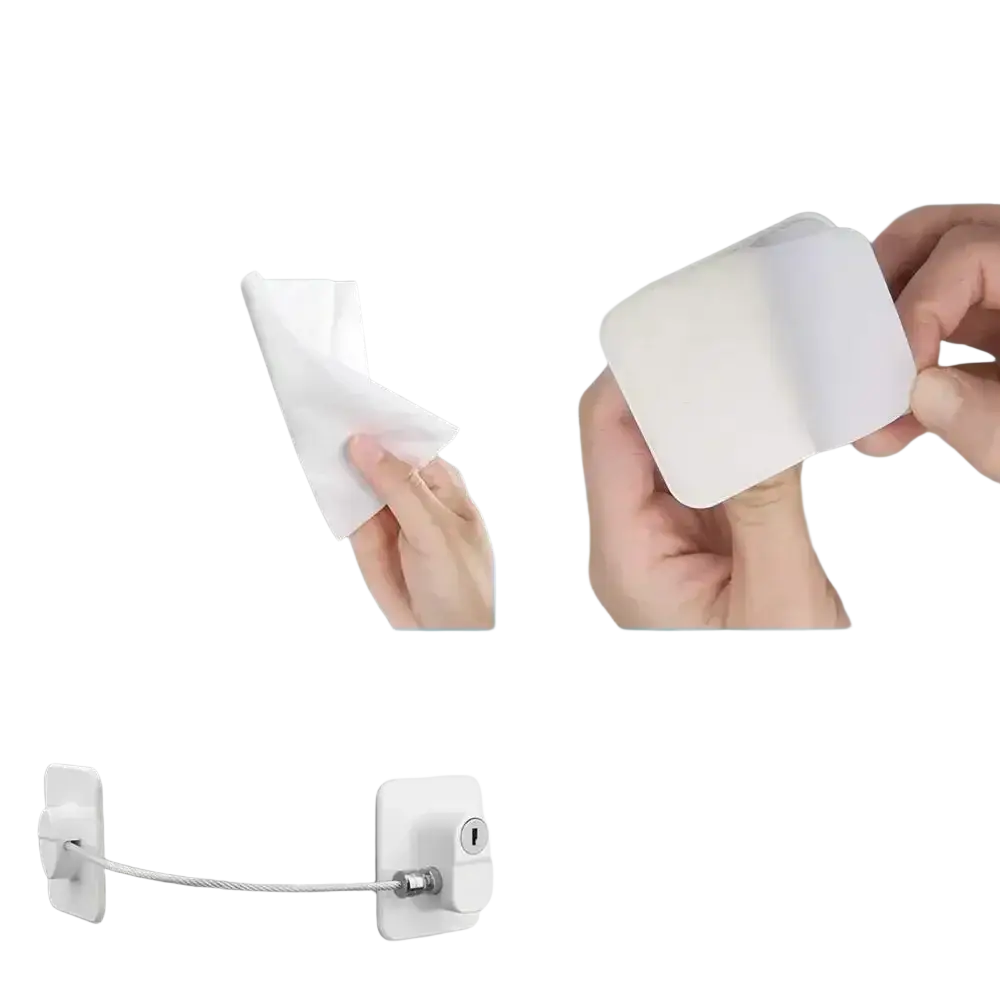 White adhesive child safety refrigerator and cabinet lock strap with steel cable and keyhole design for secure closure