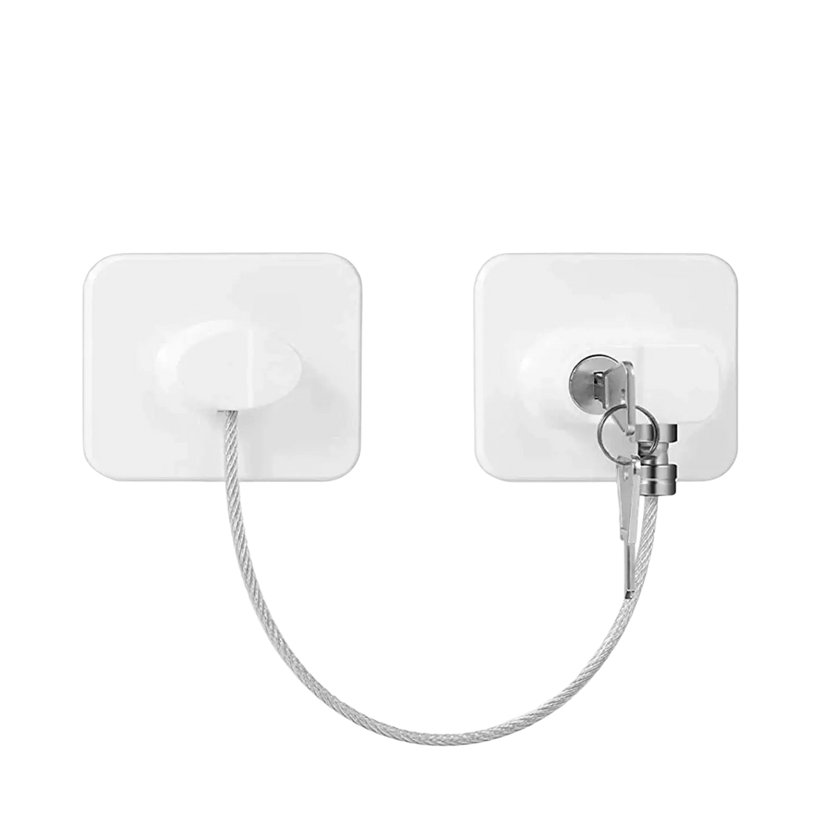 White adhesive wall-mounted child safety lock strap with silver metal key lock and braided steel cable for refrigerators and cabinets
