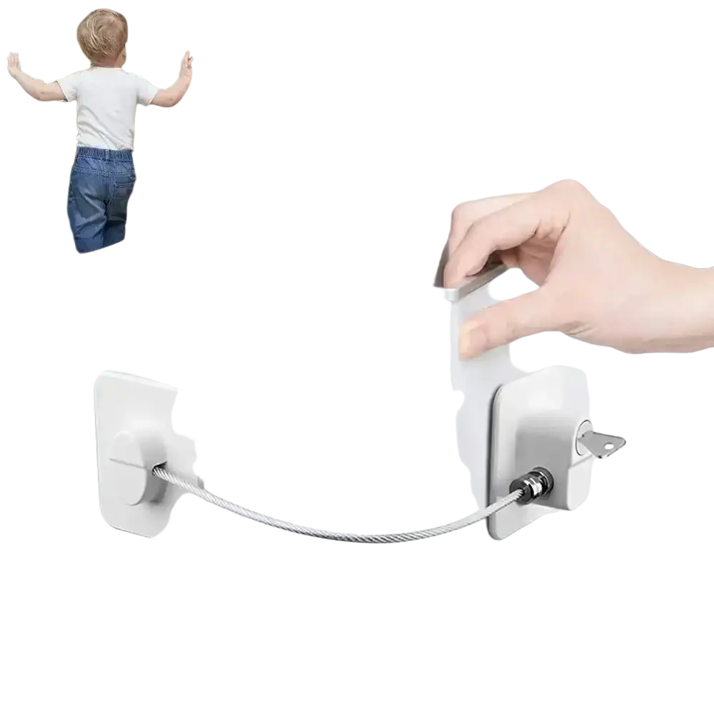 Child safety refrigerator and cabinet lock strap in white plastic and metal with key-operated lock for secure access control