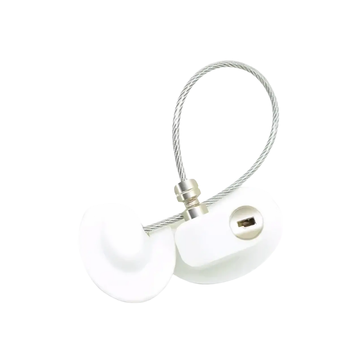 White plastic child safety refrigerator and cabinet lock strap with silver metal keyhole and steel wire cord for secure locking