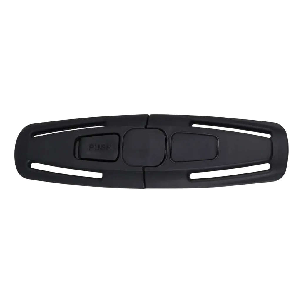 Black plastic child safety seat strap clip with push-button mechanism and two rectangular slots for secure locking