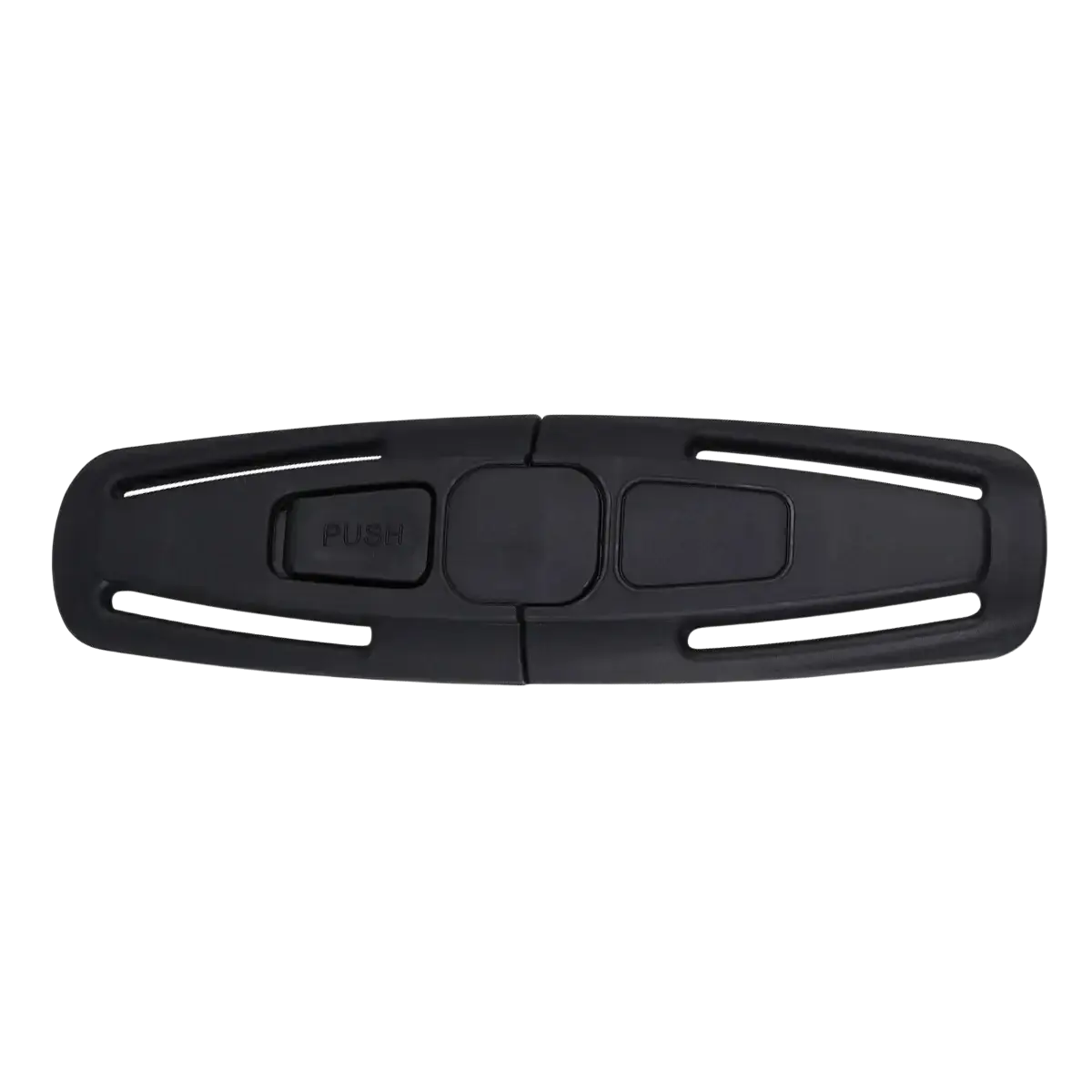 Black plastic child safety seat strap clip with push-button mechanism and two rectangular slots for secure locking