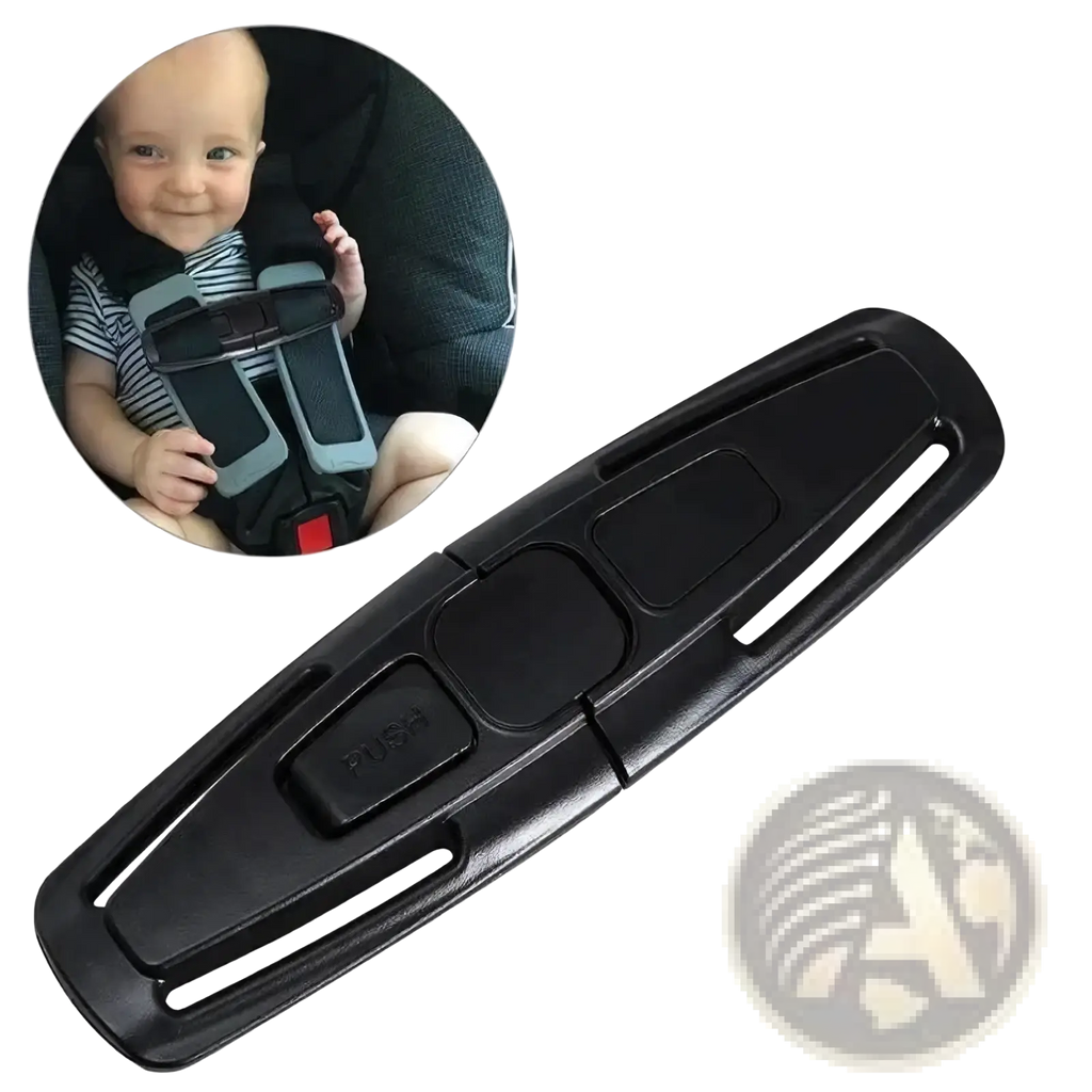 Black plastic child safety seat strap clip with push button and gray accents for secure buckle fastening