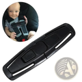 Black plastic child safety seat strap clip with push button and gray accents for secure buckle fastening
