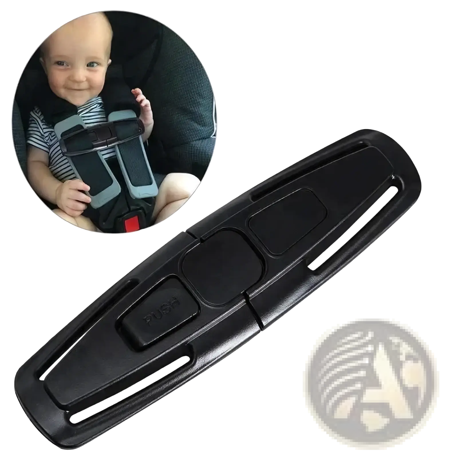 Black plastic child safety seat strap clip with push button and gray accents for secure buckle fastening