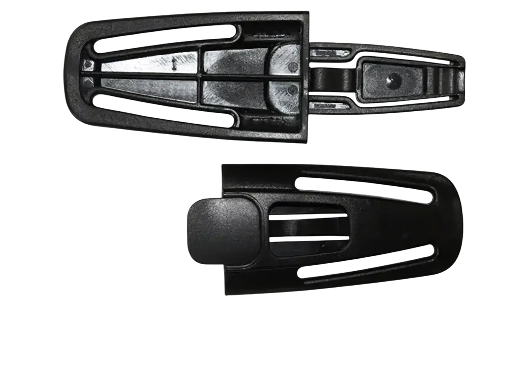 Black plastic child safety seat strap clip with a clip mechanism and two distinct sides shown open