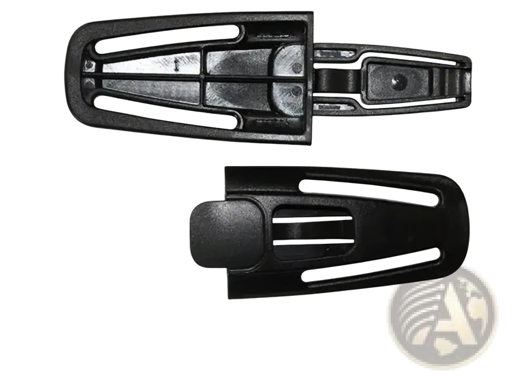 Black plastic child safety seat strap clip with a clip mechanism and two distinct sides shown open
