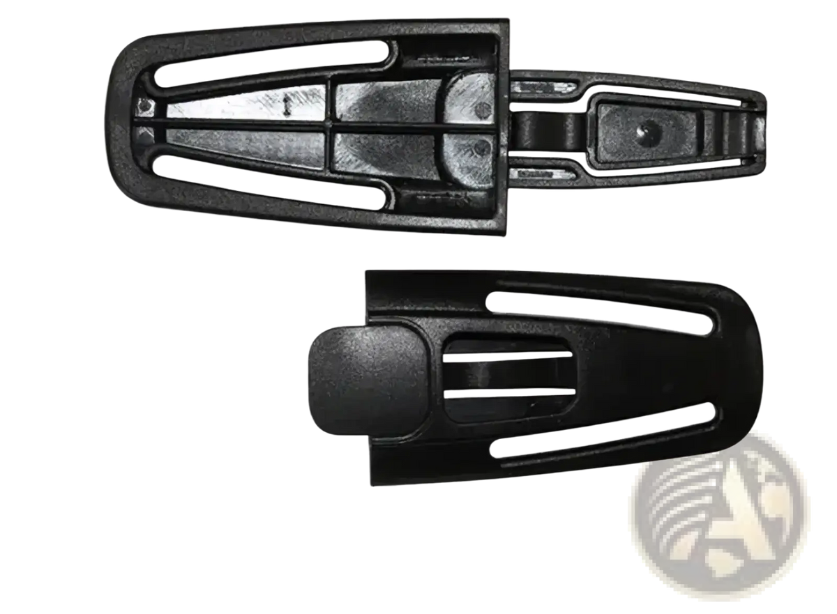 Black plastic child safety seat strap clip with a clip mechanism and two distinct sides shown open