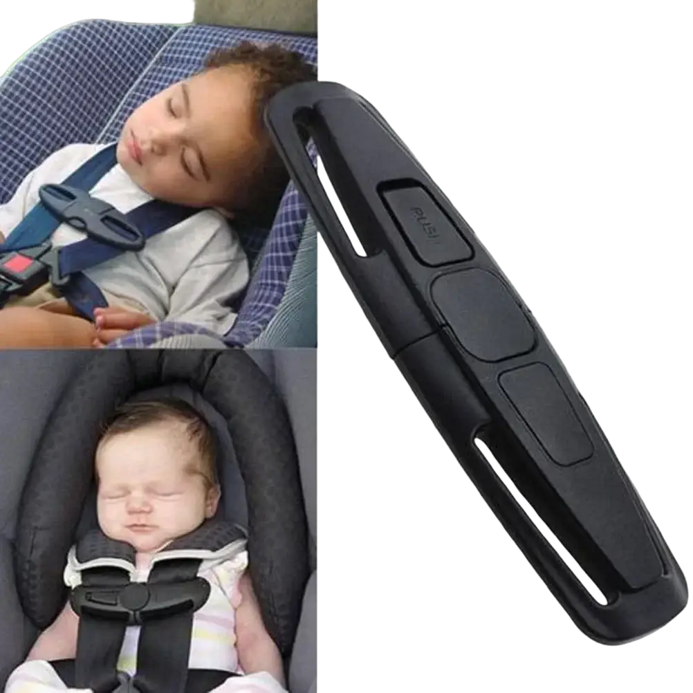 Black plastic child safety seat strap clip with push label designed for car seat buckle release tool use