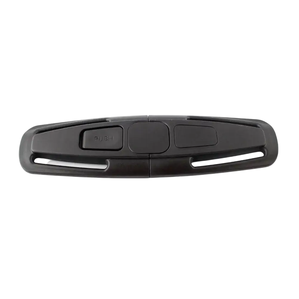Black plastic child safety seat strap clip with central push button and two side slots for secure fastening