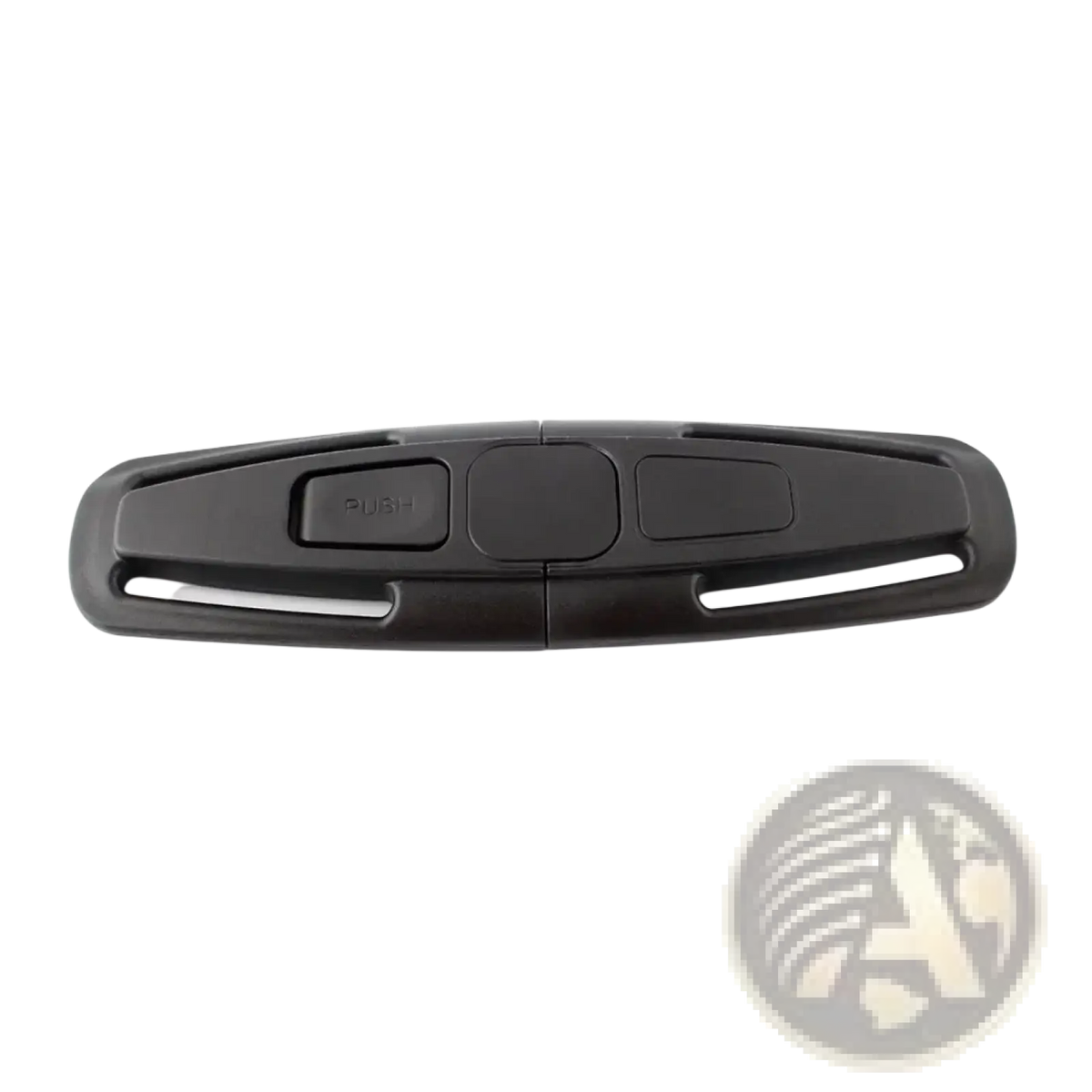 Black plastic child safety seat strap clip with central push button and two side slots for secure fastening