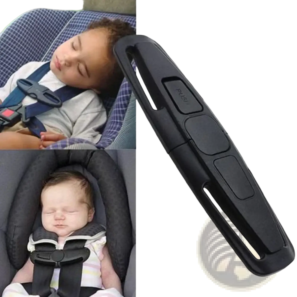 Black plastic child safety seat strap clip with push label designed for car seat buckle release tool use