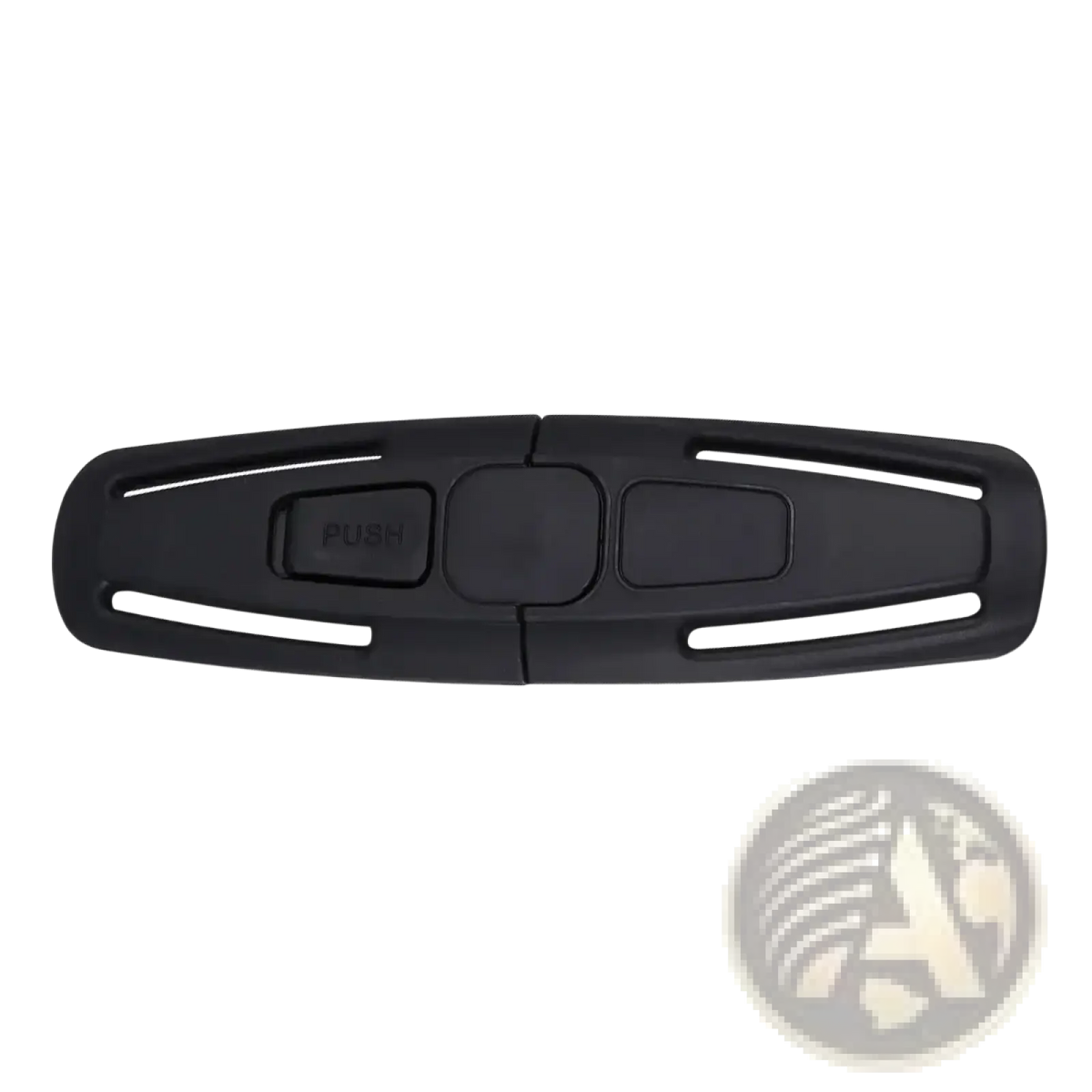 Black plastic child safety seat strap clip with push-button mechanism and two rectangular slots for secure locking