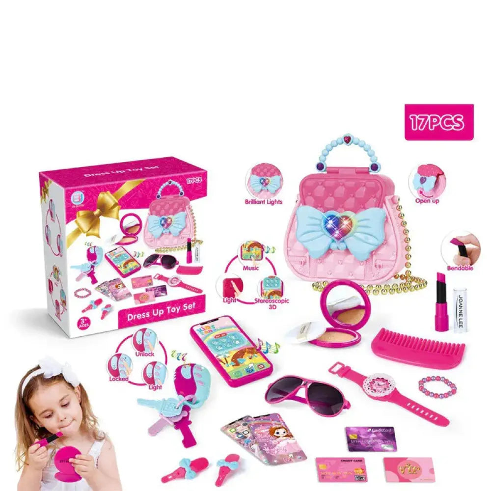 Pink and light blue kids glittery pretend play makeup and accessories set with heart bow sunglasses lipstick and phone
