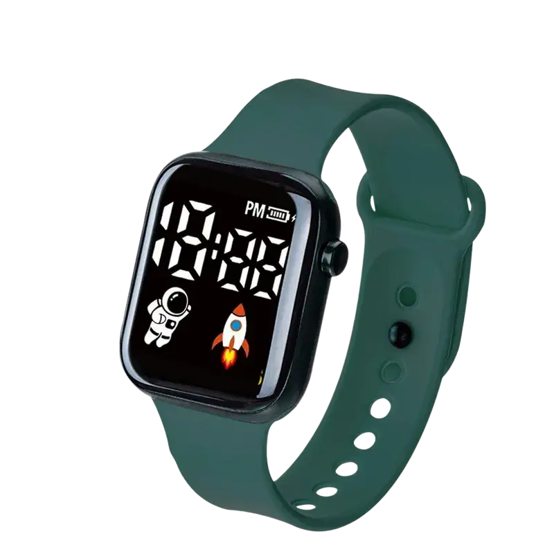 Children boys and girls electronic wristwatch with black rectangular led display, cartoon astronaut icons, and green silicone strap