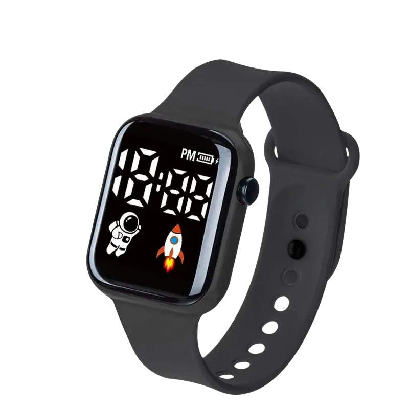 Black electronic wristwatch with square face featuring astronaut and rocket graphic for children boys girls sports use