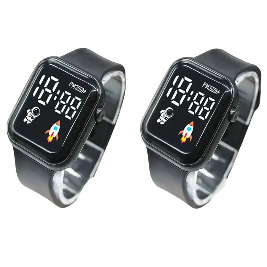 Black electronic wristwatch with a sleek rectangular face displaying time and space icons for children boys girls