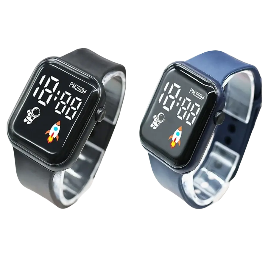 Black and blue childrens electronic wristwatch with space-themed led display astronaut and rocket icons for boys girls