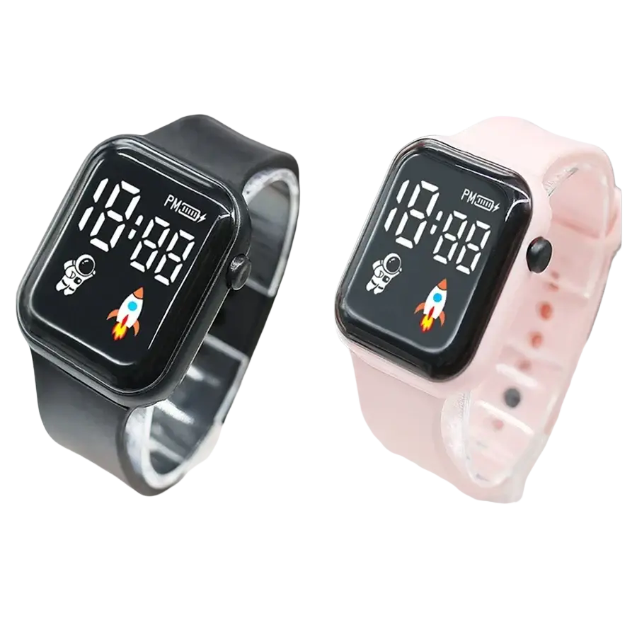 Children electronic wristwatch led sports digital watch with black and pink silicone straps and astronaut rocket designs