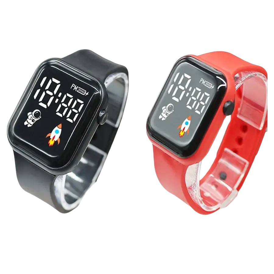 Black and red childrens electronic wristwatch with astronaut and rocket icons and silicone straps for boys girls