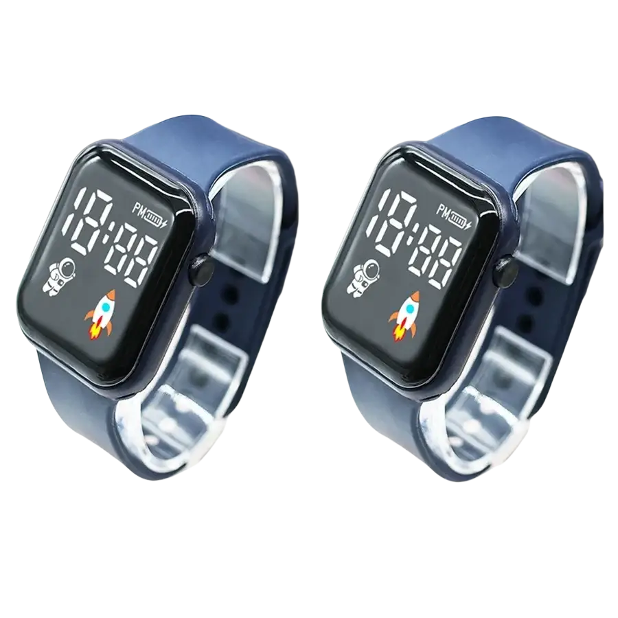 Blue electronic wristwatch for children boys and girls with a space-themed LED display and black frame sports design