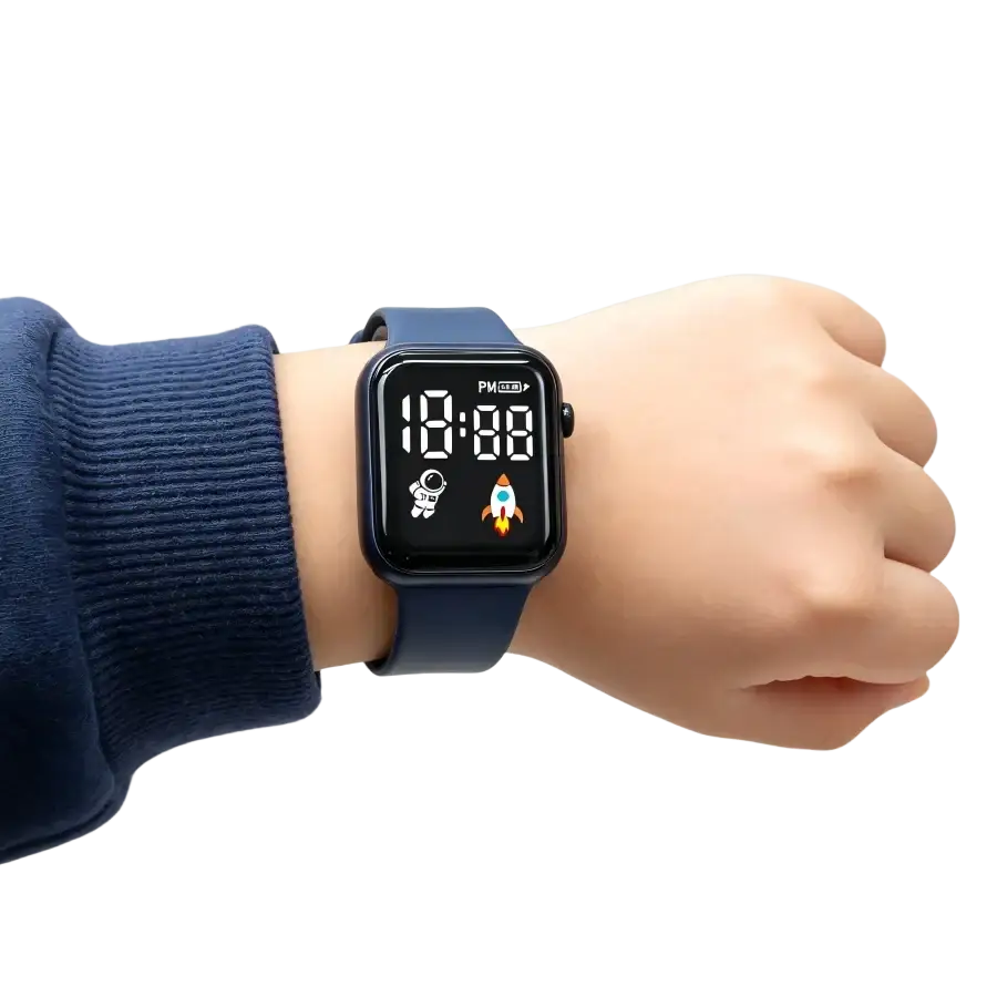 Blue electronic wristwatch with black square face and space-themed icons for children boys and girls sports use