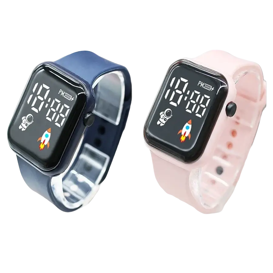 Children’s electronic wristwatch led sports digital watch with blue and pink silicone straps and astronaut rocket designs for boys girls