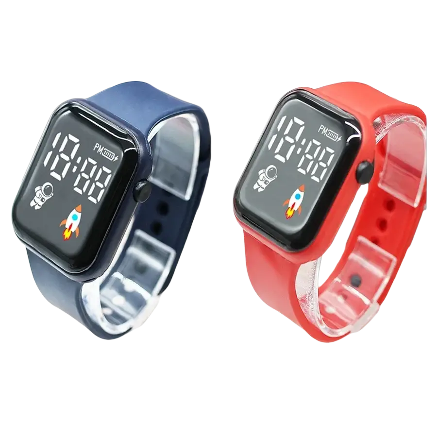 Children electronic wristwatch led sports digital watch with blue and red astronaut and rocket graphics for boys girls