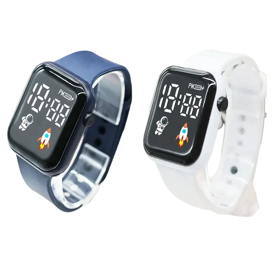 Children boys and girls electronic wristwatch in blue and white with astronaut and rocket graphics and silicone straps