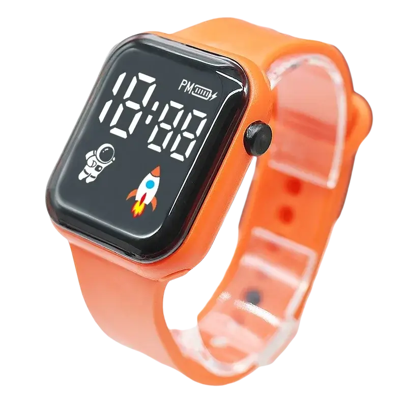 Bright orange childrens electronic wristwatch with a square led screen displaying an astronaut and rocket design for boys girls